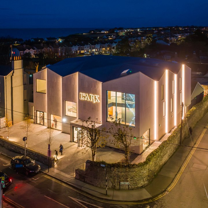 The Lark Concert Hall in Balbriggan, lit up in the evening